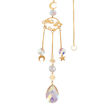 1Pc Faceted Glass Sun Catcher Pendant Decorations, with Brass and Iron Findings, for Home, Garden Decor, Planet, Golden, 450mm