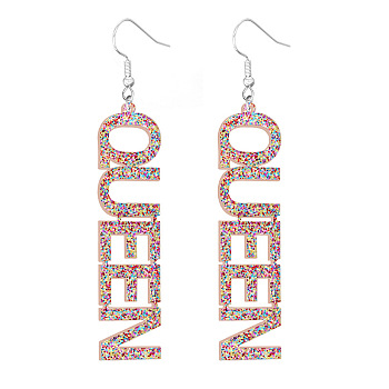 Bling Acrylic Word Queen Dangle Earrings, Platinum Plated Iron Feminism Jewelry for Women, Colorful, 90x17x2.5mm