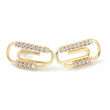 Brass Micro Pave Clear Cubic Zirconia Stud Earrings, with Ear Nuts, Safety Pin Shape, Golden, 18x9.5mm, Pin: 0.6mm
