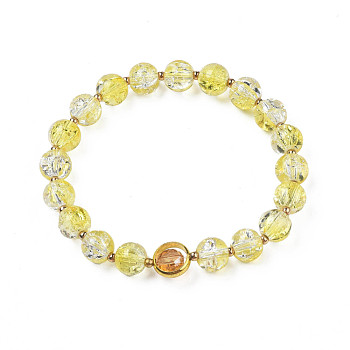 Round Glass Beaded Stretch Bracelet with Gold Plated Brass Ring for Women, Champagne Yellow, Inner Diameter: 2 inch(5cm)