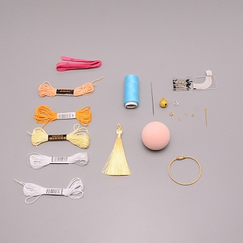 DIY Hand JuQiu Punch Needle Making Kits, Including Foam Balls, Needles, Cotton Thread, Bells, Tassels and Iron Rings, Champagne Yellow, 45mm