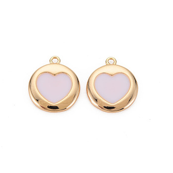 Brass Enamel Pendants, Nickel Free, Real 18K Gold Plated, Flat Round with Heart, Lavender, 16x14x2mm, Hole: 1.2mm