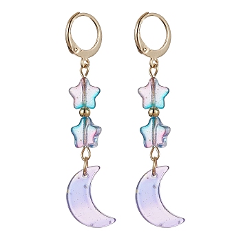 Moon & Star Glass Dangle Leverback Earrings with 304 Stainless Steel Pins, Lilac, 55x11mm