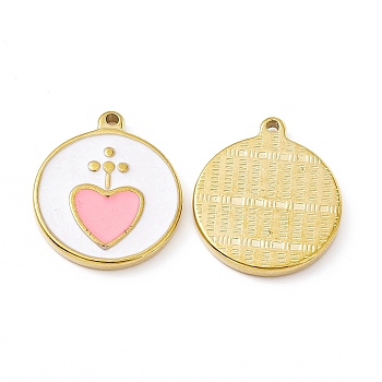 Vacuum Plating 201 Stainless Steel Pendants, with Enamel, Real 18K Gold Plated, Flat Round with Heart Charm, Pink, 23.5x20x2.7mm, Hole: 1.7mm