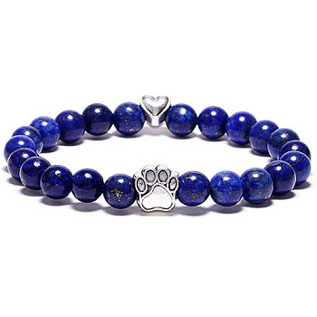 Natural Lapis Lazuli Bead Stretch Bracelets for Women Men, Heart & Paw Print, 7-1/8 inch(18cm)
