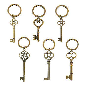 12Pcs 6 Styles Alloy Key Pendant Keychains, with Alloy Split Key Rings, Antique Bronze, 70~96.5mm, 2pcs/style