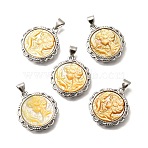 Brass with Natural Shell Carved Pendants, Rack Plating, Flat Round, Platinum, 22x19.5x3.5mm, Hole: 3x4mm(KK-Z091-05P-03)