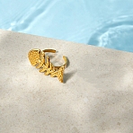 304 Stainless Steel Cuff Open Rings, Fishbone, Golden, 16x32mm, Inner Diameter: 18mm(RJEW-Z147-02G)