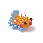 Glass Seed Beaded Gold Fish Pendants, with 304 Stainless Steel Open Jump Rings Golden Loop, Dark Orange, 15.5x17.5x12.5mm, Hole: 2.5mm(PALLOY-MZ00561-03)