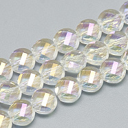 Electroplate Glass Beads Strands, Rainbow Plated, Faceted, Flat Round, Clear, 8x5mm, Hole: 1.2mm, about 69~72pcs/strand, 21.26 inch(EGLA-Q098-A05)