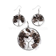 Brass Jewelry Sets, Big Pendants and Dangle Earrings, with Natural Smoky Quartz, Platinum, Ring with Tree of Life, 63~67x49~51x1.5~10mm, Hole: 4x5mm, 50~55x28~30x1.5~8mm, Pin: 0.8mm(SJEW-K072-20U)