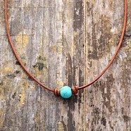 Synthetic Turquoise Round Ball Pendant Genuine Leather Handmade Necklace Simple Elegant Jewelry(IU3089-1)