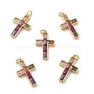 Cross Brass Micro Pave Colorful Cubic Zirconia Pendants, with Jump Rings, Cadmium Free & Nickel Free & Lead Free, Real 18K Gold Plated, 24.5x15x3mm, Hole: 3.4mm(X-KK-G419-29G)