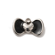 304 Stainless Steel Enamel Charms, Bowknot with Heart Charm, Stainless Steel Color, Black, 6x10x2mm, Hole: 1.2mm(STAS-B074-06P-01)