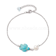 Synthetic Turquoise & Natural Freshwater Pearl Link Anklets, Tortoise, 8-3/4 inch(22.2cm)(AJEW-AN00628-03)