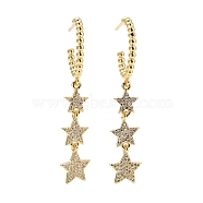 C-Shape with Stars Cubic Zirconia Dangle Stud Earrings, Real 18K Gold Plated Brass Long Drop Half Hoop Earrings for Women, Lead Free & Cadmium Free, Clear, 48x19mm, Pin: 0.8mm(EJEW-E167-10G)