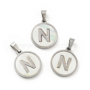 304 Stainless Steel with White Shell Pendants, Stainless Steel Color, Flat Round with Letter Charm, Letter.N, 18x16x1.5mm, Hole: 3x6mm(STAS-G268-01N-P)