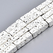 Electroplated Natural Lava Rock Beads Strands, Cuboid, Bumpy, Silver Plated, 12.5x4x4mm, Hole: 1mm, about 32pcs/strand, 15.75 inch(40cm)(X-G-T114-63S)