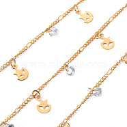 Handmade Brass Curb Chains, with Cubic Zirconia Charms, Soldered, Spool, Star & Moon, Real 18K Gold Plated, 3.3x1.5x0.3mm and 2x1.4x0.3mm, about 16.4 Feet(5m)/roll(CHC-S012-038)