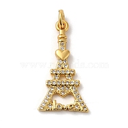 Eiffel Tower with Word Love Rack Plating Brass Micro Pave Clear Cubic Zirconia Pendants, with Jump Ring, Long-Lasting Plated, Lead Free & Cadmium Free, Real 18K Gold Plated, 25.5x13.7x2.3mm, Hole: 2.8mm(KK-K377-35G)