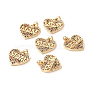 Brass Micro Pave Colorful Cubic Zirconia Pendants, Long-Lasting Plated, Lead Free & Cadmium Free & Nickel Free, HYeart with Word MOM, Mother's Day, Real 18K Gold Plated, 17.5x18.5x2.5mm, Hole: 2.5x4mm(ZIRC-Z019-21G-NR)