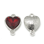 Alloy Glass Links connectors, Faceted, Heart, Platinum, Red, 19.5x14x6.5mm, Hole: 1.5mm(PALLOY-T043-12mm-07)