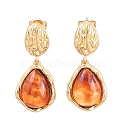 304 Stainless Steel & Resin Dangle Stud Earrings, Teardrop, Golden, 33x15mm(EJEW-L317-07G-01)