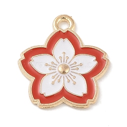 Alloy Enamel Pendants, Light Gold, Flower Charm, Red, 20x18x1mm, Hole: 1.8mm(ENAM-Z010-25A-KCG)