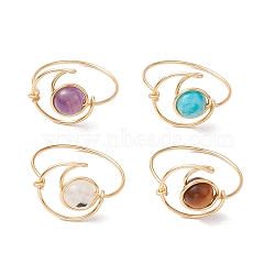 Round Natural Amethyst & Tiger Eye & Hemimorphite & Rainbow Moonstone Finger Rings, Moon Copper Wire Wrapped Ring for Unisex, US Size 8 1/2(18.5mm), 4pcs/set(RJEW-TA00144)