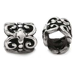 304 Stainless Steel European Beads, Large Hole Beads, Column with Flower, Antique Silver, 7x7mm, Hole: 4.3mm(STAS-B035-08AS)