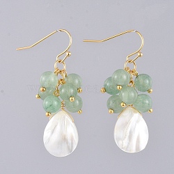 Natural Green Aventurine Dangle Earrings, with Natural Spiral Shell Beads, Real 18K Gold Plated Brass Earring Hooks and Copper Wire, 43mm, Pin: 0.6mm(X-EJEW-JE03876-04)
