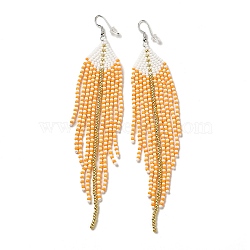 Bohemia Woven Glass Seed Bead Dangle Earrings, Tassel Chandelier Iron Earrings for Women, Orange, 140mm(EJEW-A046-04C)