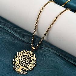 304 Stainless Steel Hollow Tree of Life Pendant Box Chain Necklaces, Real 18K Gold Plated, 23.46 inch(59.6cm)(NJEW-M086-04G)