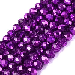 Transparent Electroplate Glass Beads Strands, Rondelle, Silver Plated, Half Plated, Dyed & Heated, Faceted, Dark Violet, 4~4.5x3.5~4mm, Hole: 0.8~0.9mm, about 111~115pcs/strand, 15.75~16.34 inch(40~41.5cm)(X1-EGLA-Q131-01A-09)