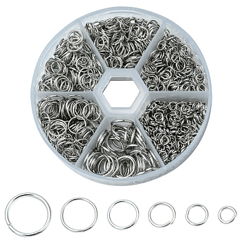 1 Box Iron Jump Rings Set, Mixed Sizes, Open Jump Rings, Round Ring, Platinum, 18~21 Gauge, 4~10x0.7~1mm, Inner Diameter: 2.6~8mm, 10g/size, 6 sizes, about 1000pcs/box