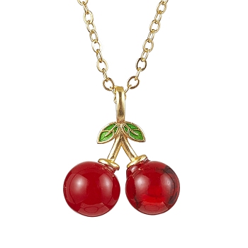 Lampwork Pendant Necklaces for Women, Cherry, Golden, 15.55 inch(39.5cm)