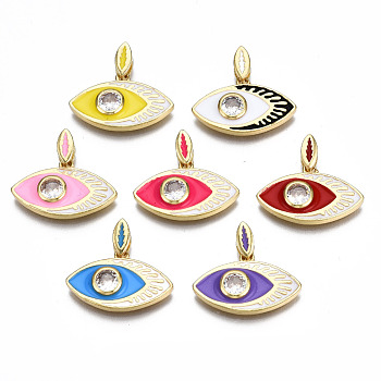 Brass Cubic Zirconia Pendants, with Enamel, Nickel Free, Eye, Real 16K Gold Plated, Mixed Color, 20x22.5x3.5mm, Hole: 2mm