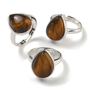 Natural Tiger Eye Teardrop Adjustable Rings, Lead Free & Cadmium Free, Silver Plated Brass Finger Rings for Women Men, Teardrop: 18.5x14mm, Inner Diameter: 18mm