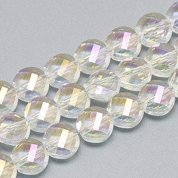 Electroplate Glass Beads Strands, Rainbow Plated, Faceted, Flat Round, Clear, 8x5mm, Hole: 1.2mm, about 69~72pcs/strand, 21.26 inch