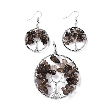 Brass Jewelry Sets, Big Pendants and Dangle Earrings, with Natural Smoky Quartz, Platinum, Ring with Tree of Life, 63~67x49~51x1.5~10mm, Hole: 4x5mm, 50~55x28~30x1.5~8mm, Pin: 0.8mm