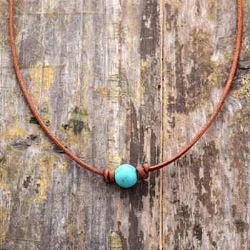 Synthetic Turquoise Round Ball Pendant Genuine Leather Handmade Necklace Simple Elegant Jewelry