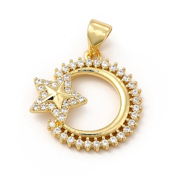 Rack Plating Brass Micro Pave Cubic Zirconia Pendants, Cadmium Free & Lead Free, Real 18K Gold Plated, Crescent Moon & Star Charm, Clear, 19x18x3.5mm, Hole: 5x3.5mm