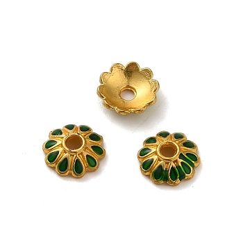 Alloy Enamel Beads Caps, Lead Free & Cadmium Free, Multi-Petal Flower, Green, 8x3mm, Hole: 1.6mm