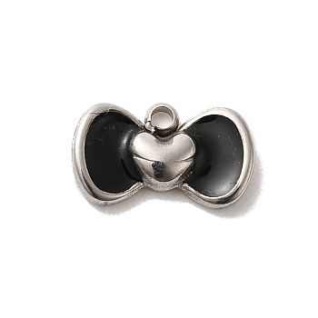 304 Stainless Steel Enamel Charms, Bowknot with Heart Charm, Stainless Steel Color, Black, 6x10x2mm, Hole: 1.2mm