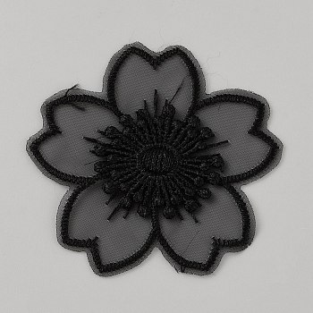 Organza Embroidery Sew on Appliques, Sewing Craft Decoration for Wedding Dress, Cheongsam, Flower, Black, 55x55x1.5mm