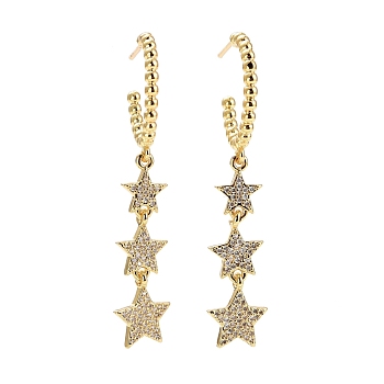 C-Shape with Stars Cubic Zirconia Dangle Stud Earrings, Real 18K Gold Plated Brass Long Drop Half Hoop Earrings for Women, Lead Free & Cadmium Free, Clear, 48x19mm, Pin: 0.8mm