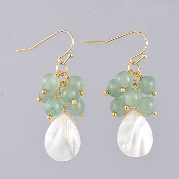 Natural Green Aventurine Dangle Earrings, with Natural Spiral Shell Beads, Real 18K Gold Plated Brass Earring Hooks and Copper Wire, 43mm, Pin: 0.6mm