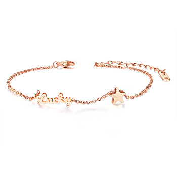 SHEGRACE Titanium Steel Link Anklets, with Cable Chains and Lobster Claw Clasps, Star and Word Lucky, Rose Gold, 7-7/8 inch(20cm)