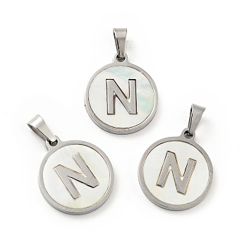 304 Stainless Steel with White Shell Pendants, Stainless Steel Color, Flat Round with Letter Charm, Letter.N, 18x16x1.5mm, Hole: 3x6mm