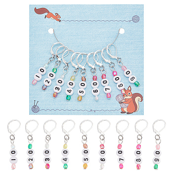 9Pcs 9 Style Acrylic Pendant Stitch Markers, with Brass Leverback Earring Findings, Flat Round, Mixed Color, 4.5cm, 1pc/style